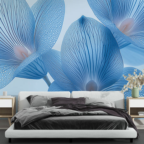 Blue Floral Wallpaper with morning dew drops creating a peaceful atmosphere in a bright modern bedroom