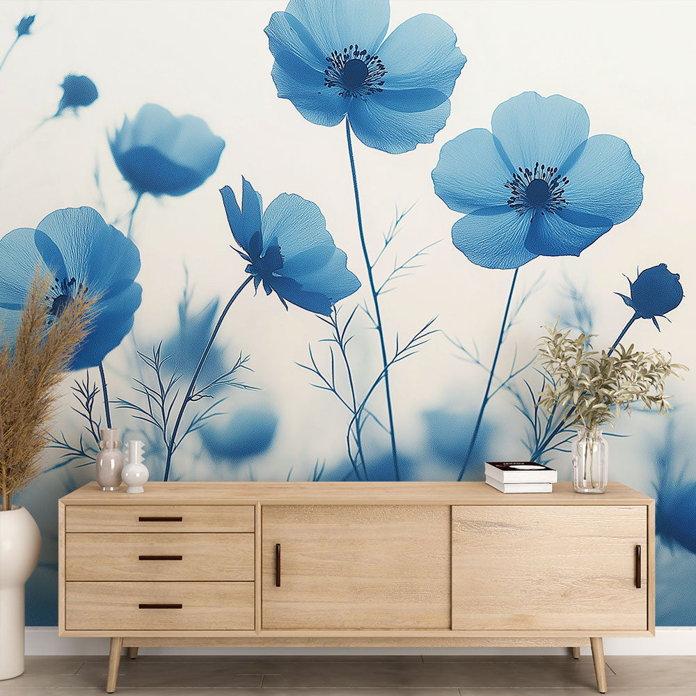 Blue poppies floral wallpaper creating a peaceful atmosphere in a bright master bedroom with natural light