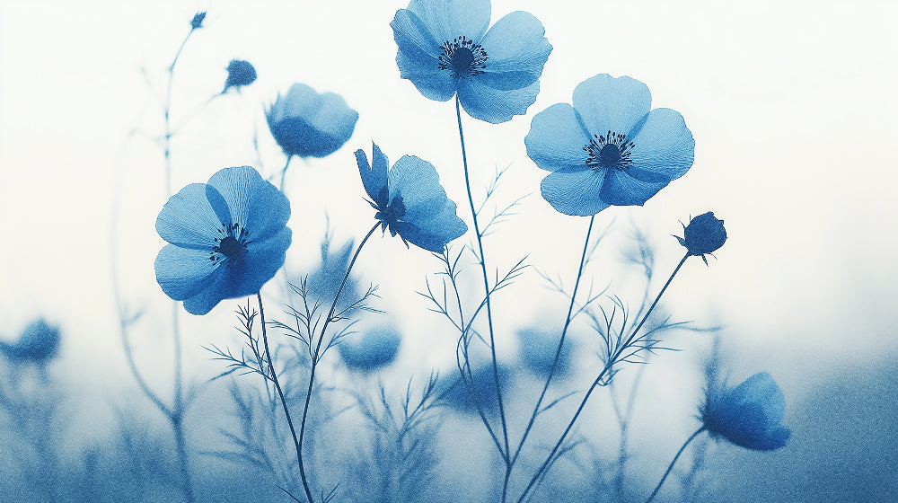 Blue poppies design file showing delicate stems and watercolor effects