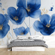 Blue Poppies Wallpaper Mural in bright modern living room, showing large-scale floral pattern with golden accents
