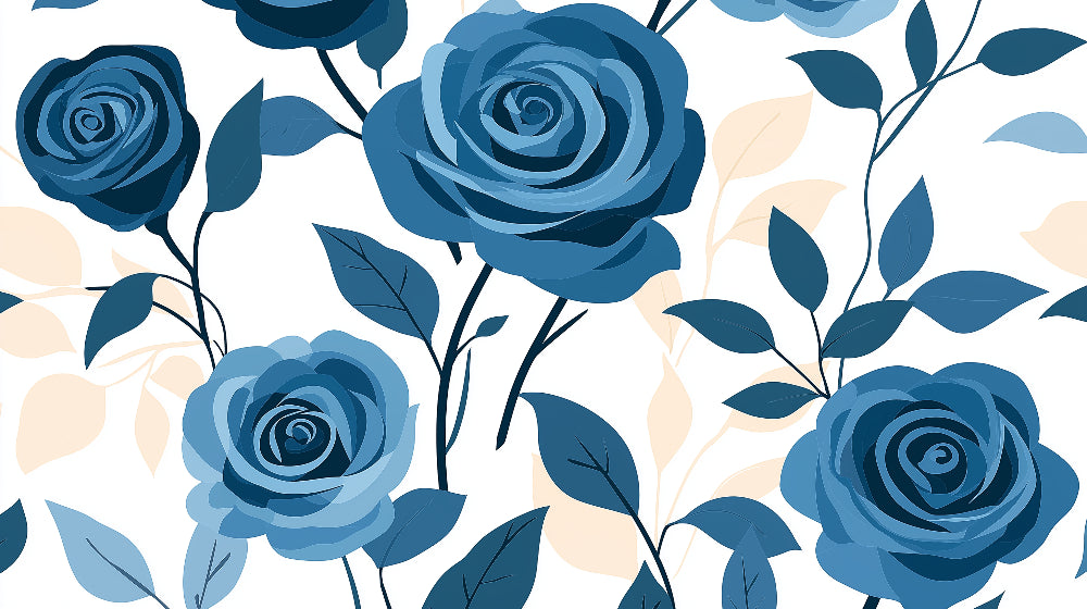 Blue rose wallpaper mural creating a stunning backdrop in a modern living room with white furniture and natural light