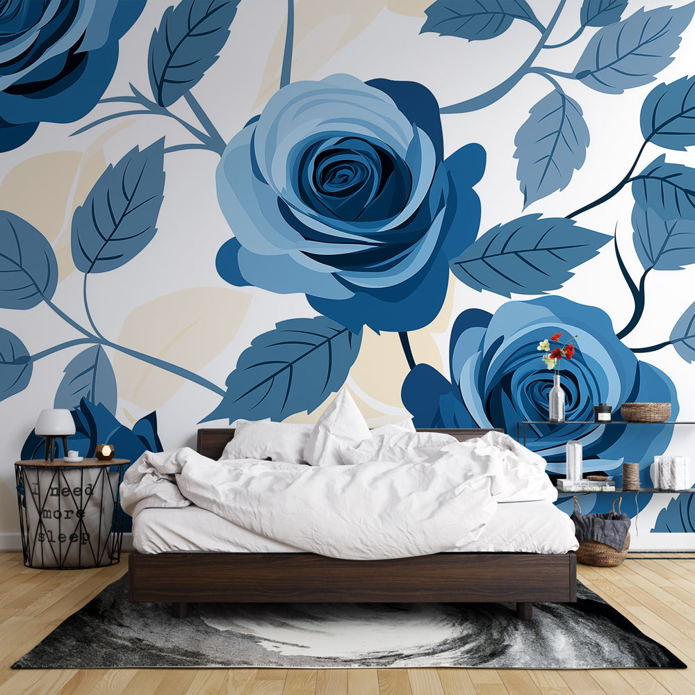 Blue rose wallpaper mural styled in a bright master bedroom, showing the scale of the floral pattern against white walls
