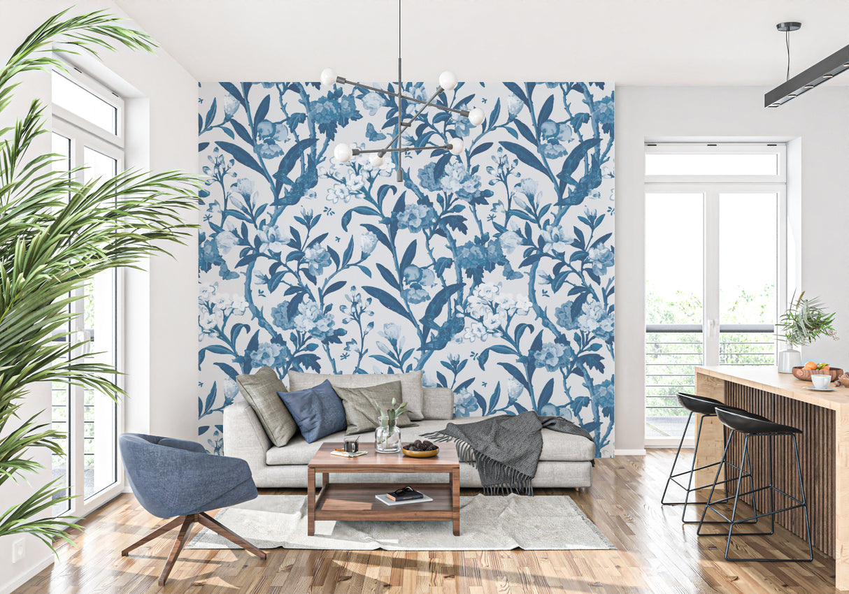 Home office with blue floral wallpaper showing pattern detail and room depth