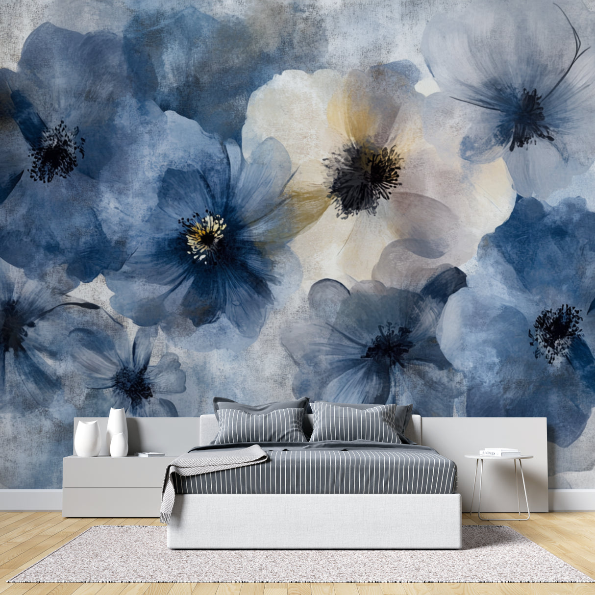 Blue watercolor floral wallpaper in a bright master bedroom, creating a peaceful sleeping space