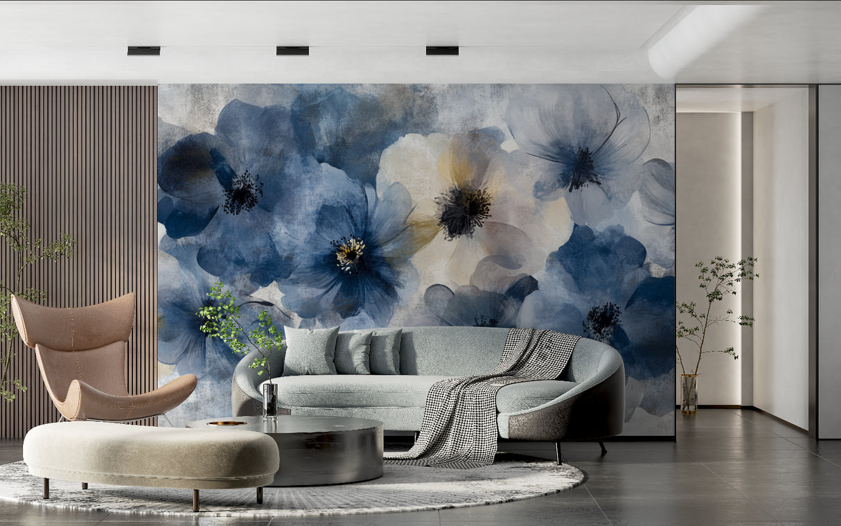 Modern living room featuring blue abstract floral mural wallpaper with soft natural lighting
