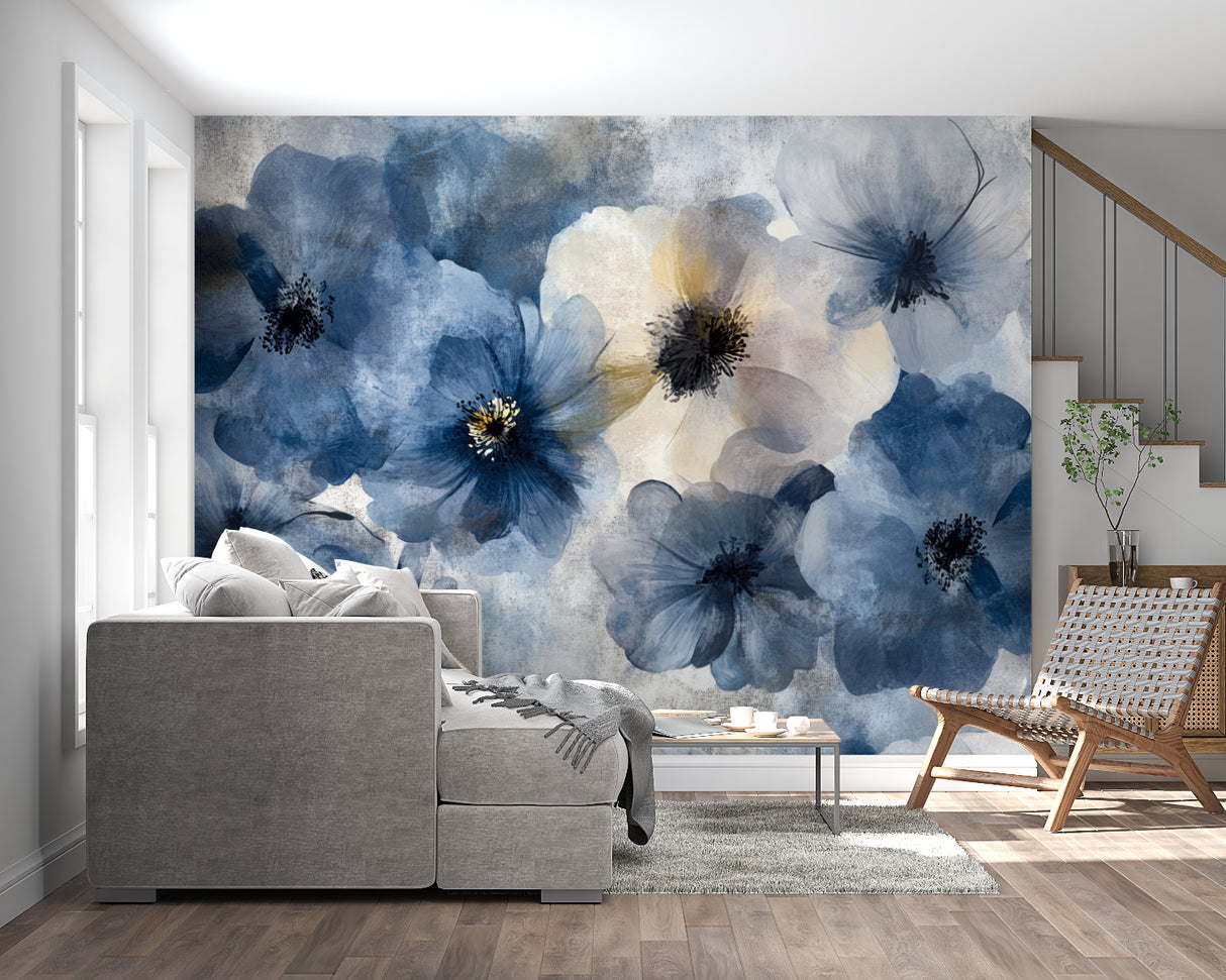 Home office space with blue floral wall mural creating a calm work environment