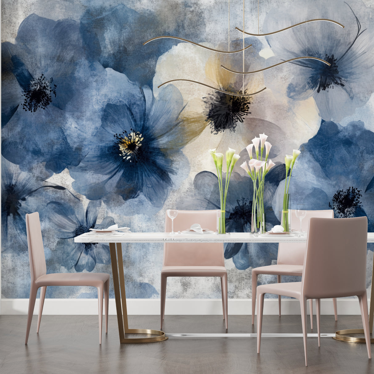 Reading nook with abstract blue flower wallpaper showing detail of watercolor effects