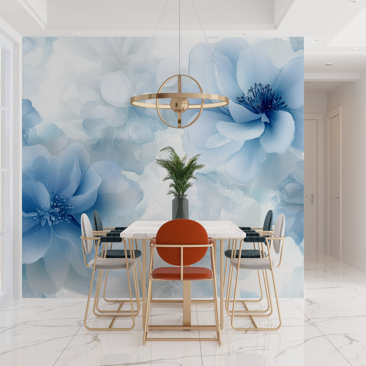 Blue Watercolor Floral Wallpaper transforming a modern living room with soft, flowing blooms