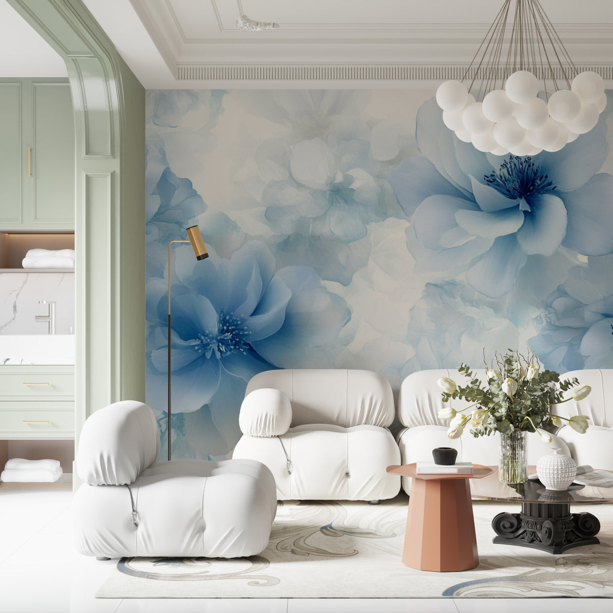 Master bedroom featuring Blue Floral Watercolor Mural creating a peaceful sanctuary