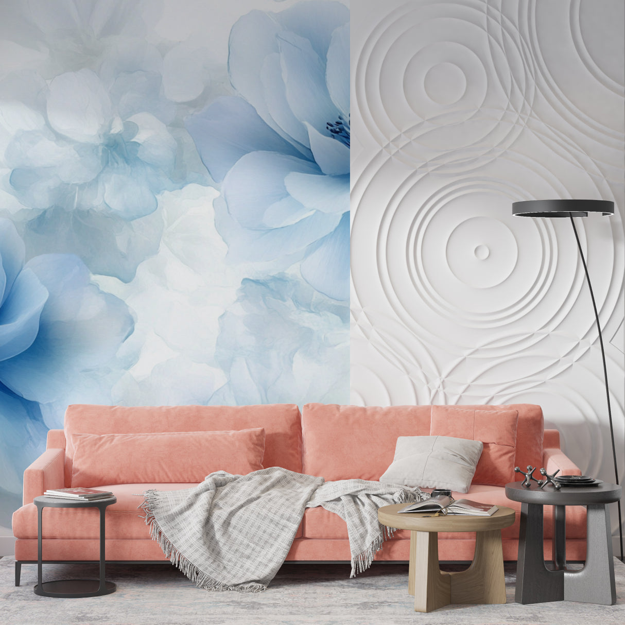 Home office space with Blue Watercolor Blooms Wallpaper adding creative energy