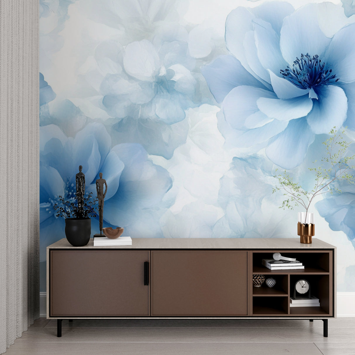 Dining room showcasing Blue Floral Wallpaper creating an elegant atmosphere