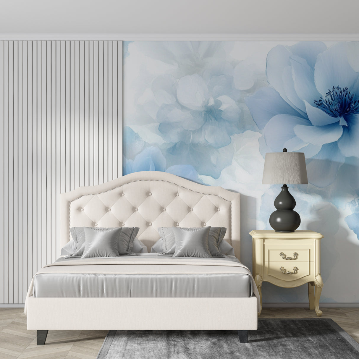 Powder room with Blue Watercolor Floral Mural making a bold statement