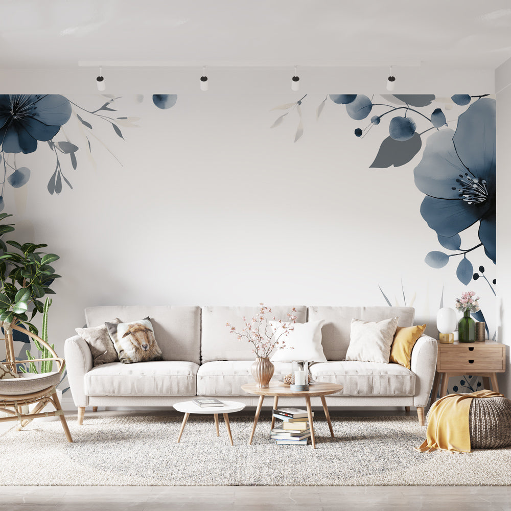 Blue watercolor floral wallpaper creating a serene atmosphere in a modern living room with natural light