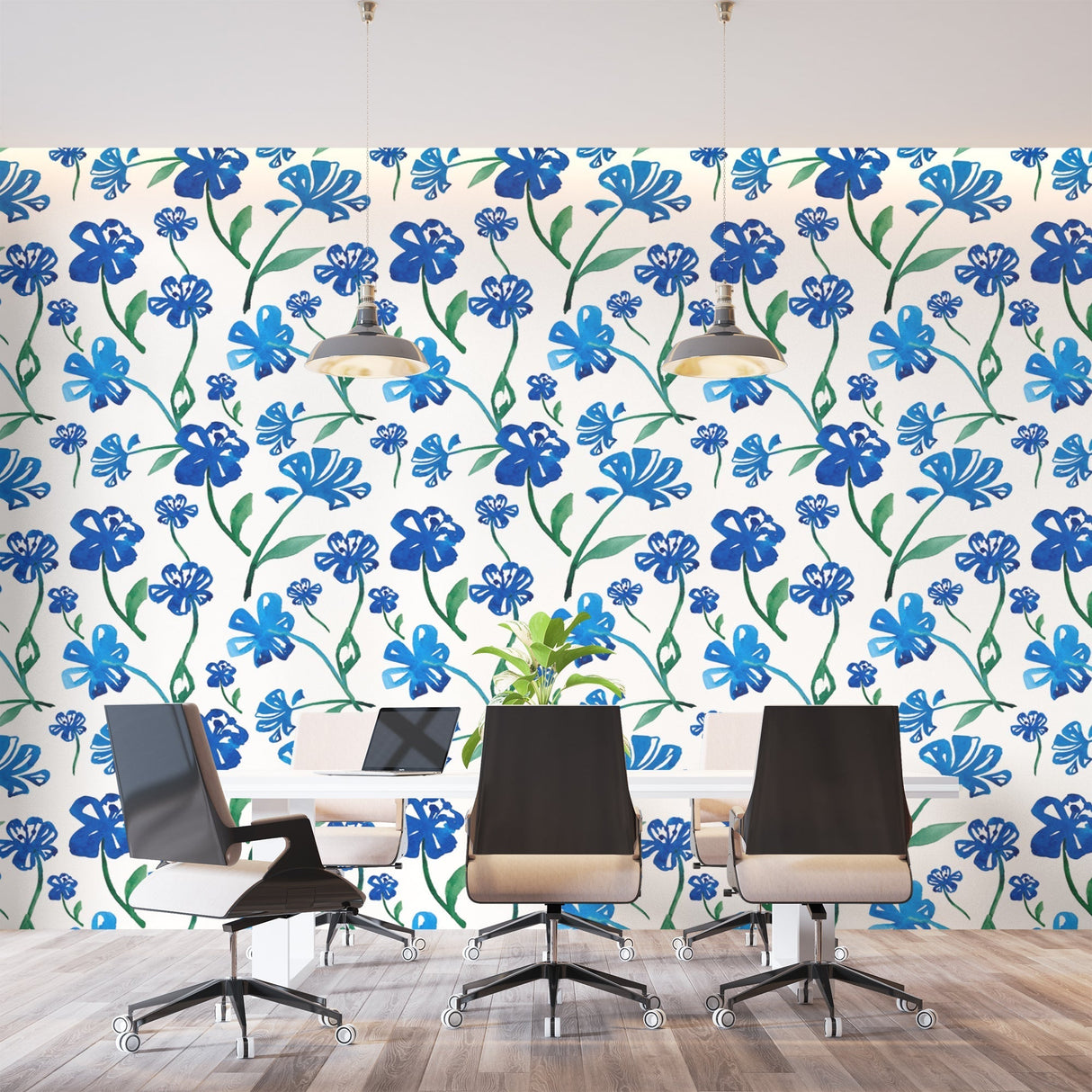 Blue watercolor floral wallpaper in bright modern living room showing depth and movement of the flower pattern