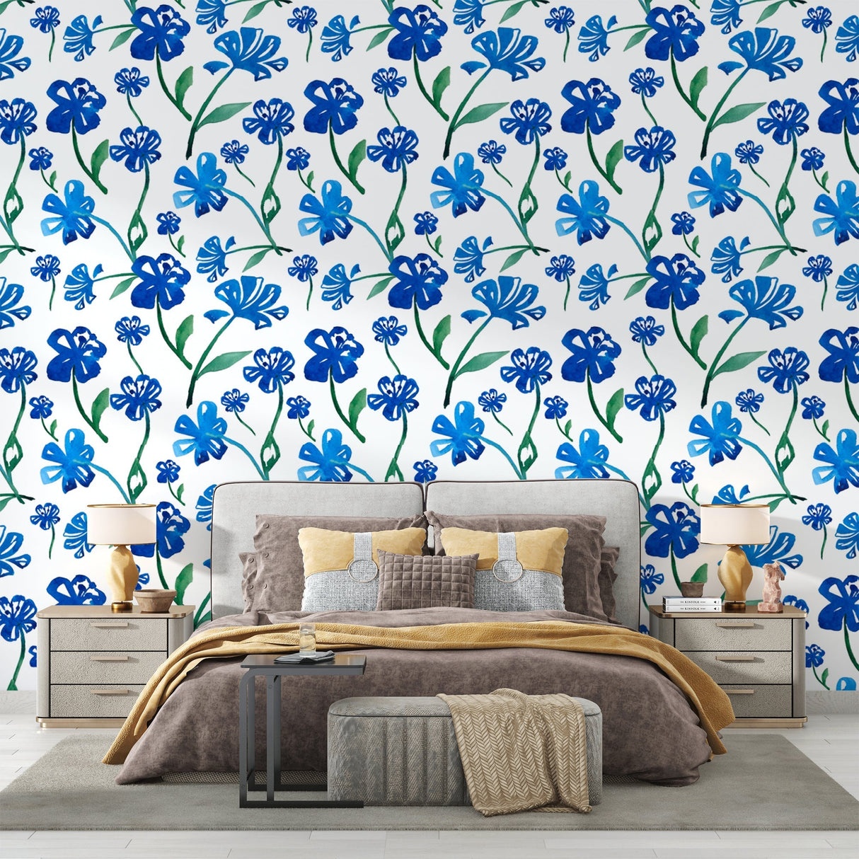 Watercolor bloom wallpaper creating a calm atmosphere in master bedroom setting