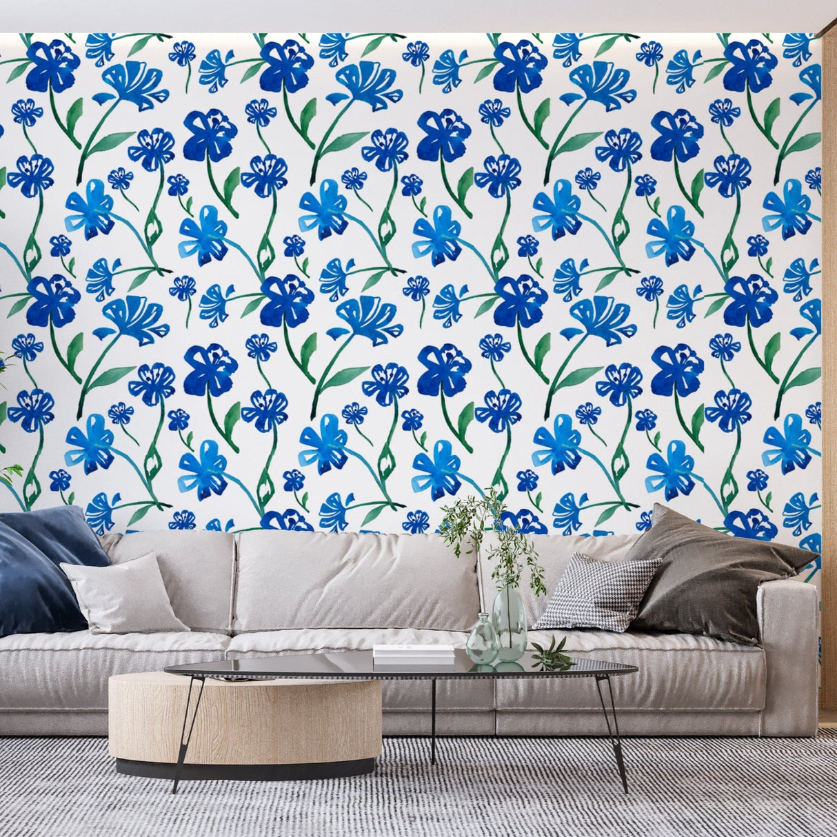 Blue floral wall mural adding fresh appeal to home office space with natural lighting