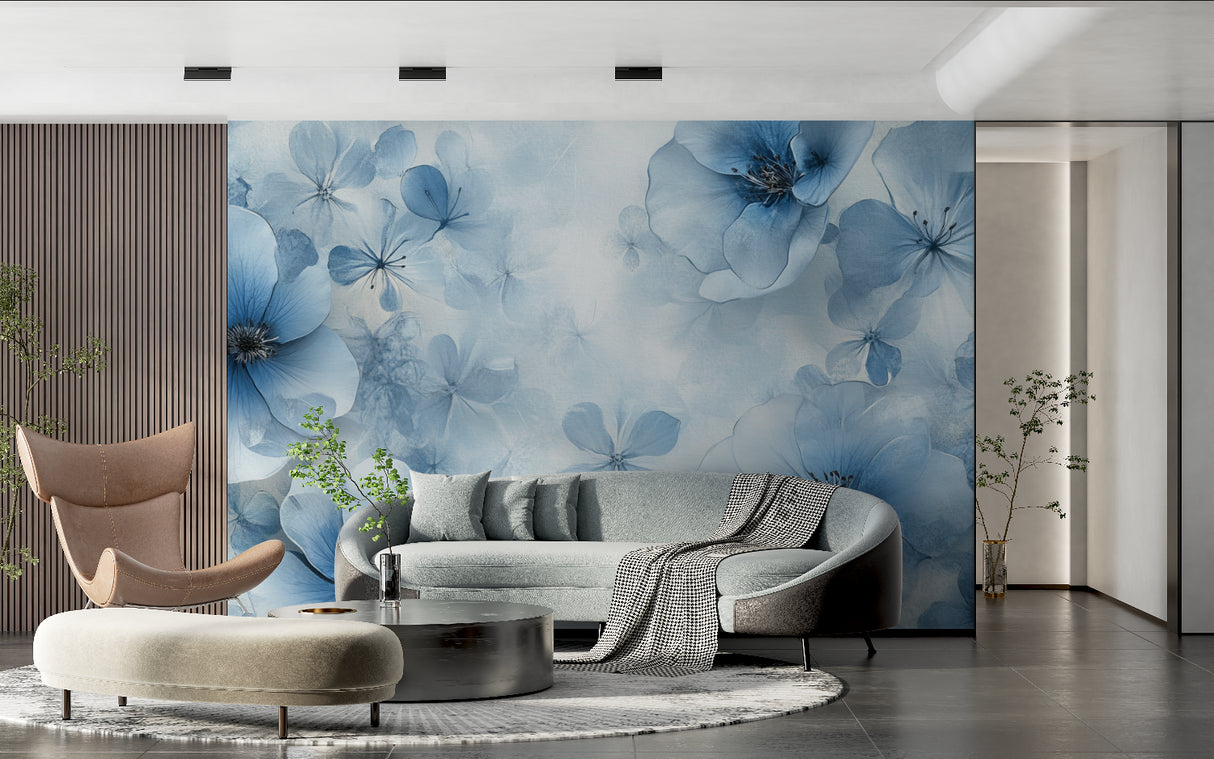 Blue watercolor floral wallpaper in a bright modern bedroom creating a peaceful atmosphere