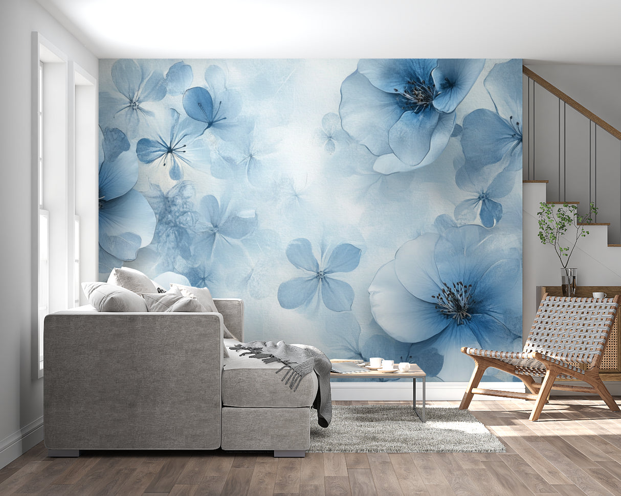 Elegant living room featuring blue floral wall mural with soft watercolor blooms