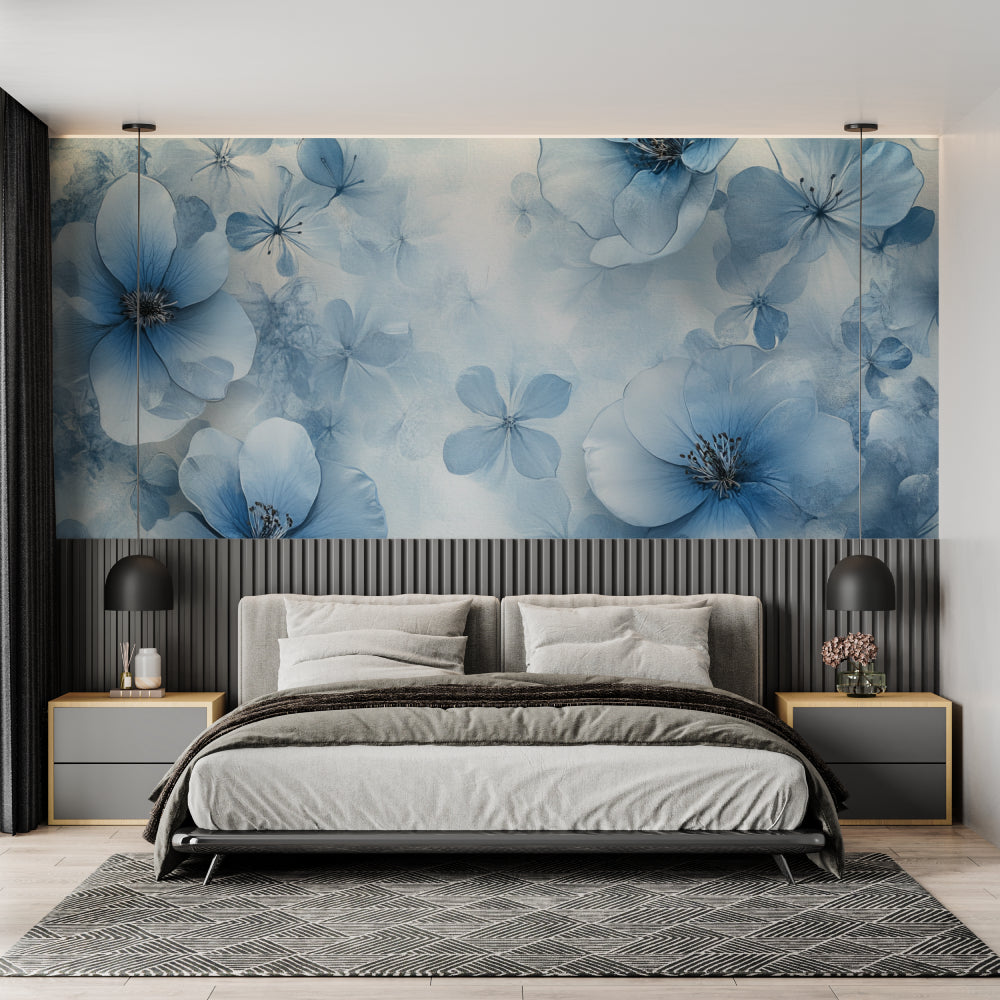 Home office space with calming blue watercolor flower wallpaper