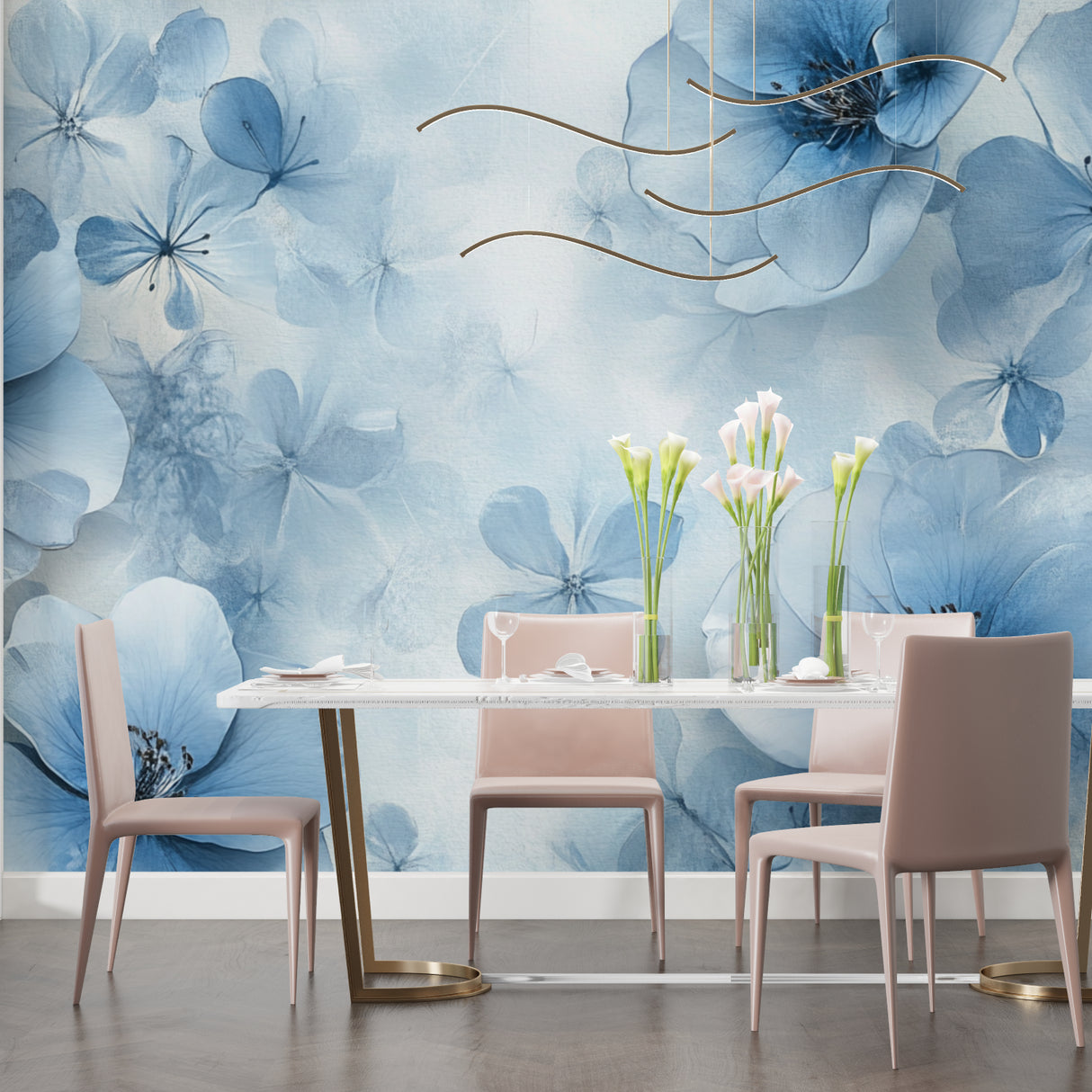 Dining room decorated with blue floral wallpaper showing soft watercolor effects