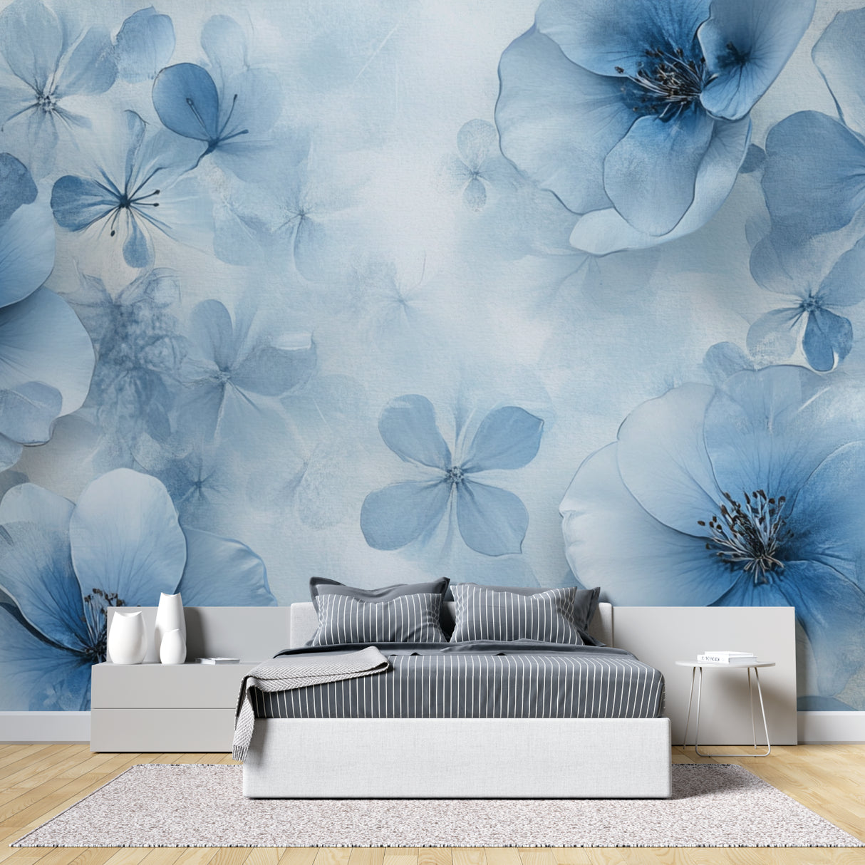 Master bathroom featuring serene blue watercolor blossom mural
