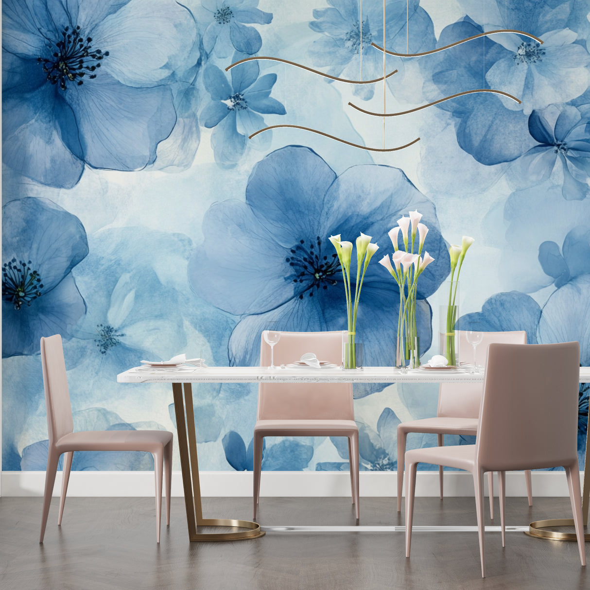 Blue watercolor floral wallpaper in a bright modern living room creating a fresh spring atmosphere