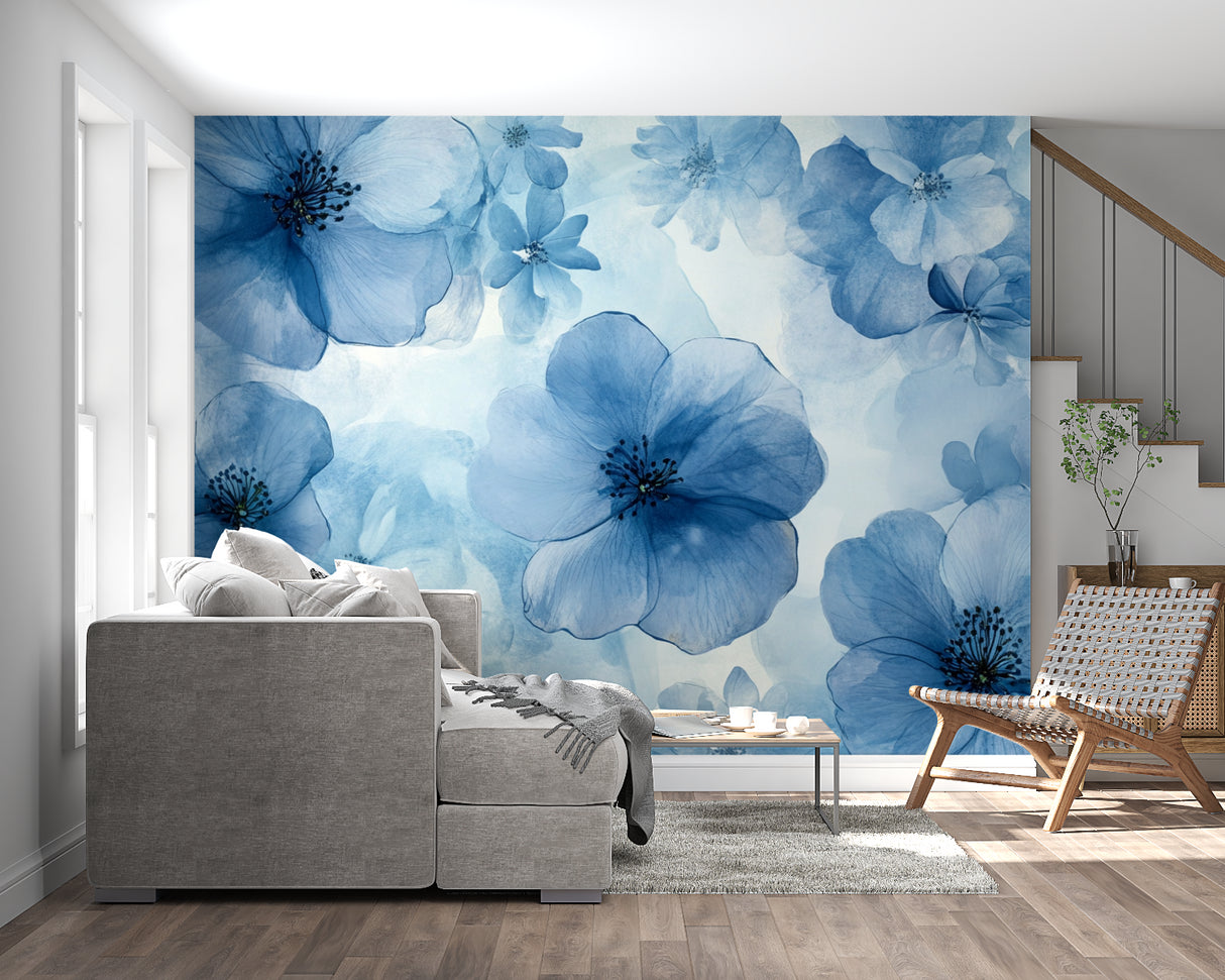 Peaceful bedroom with blue floral wall mural showing soft watercolor blooms