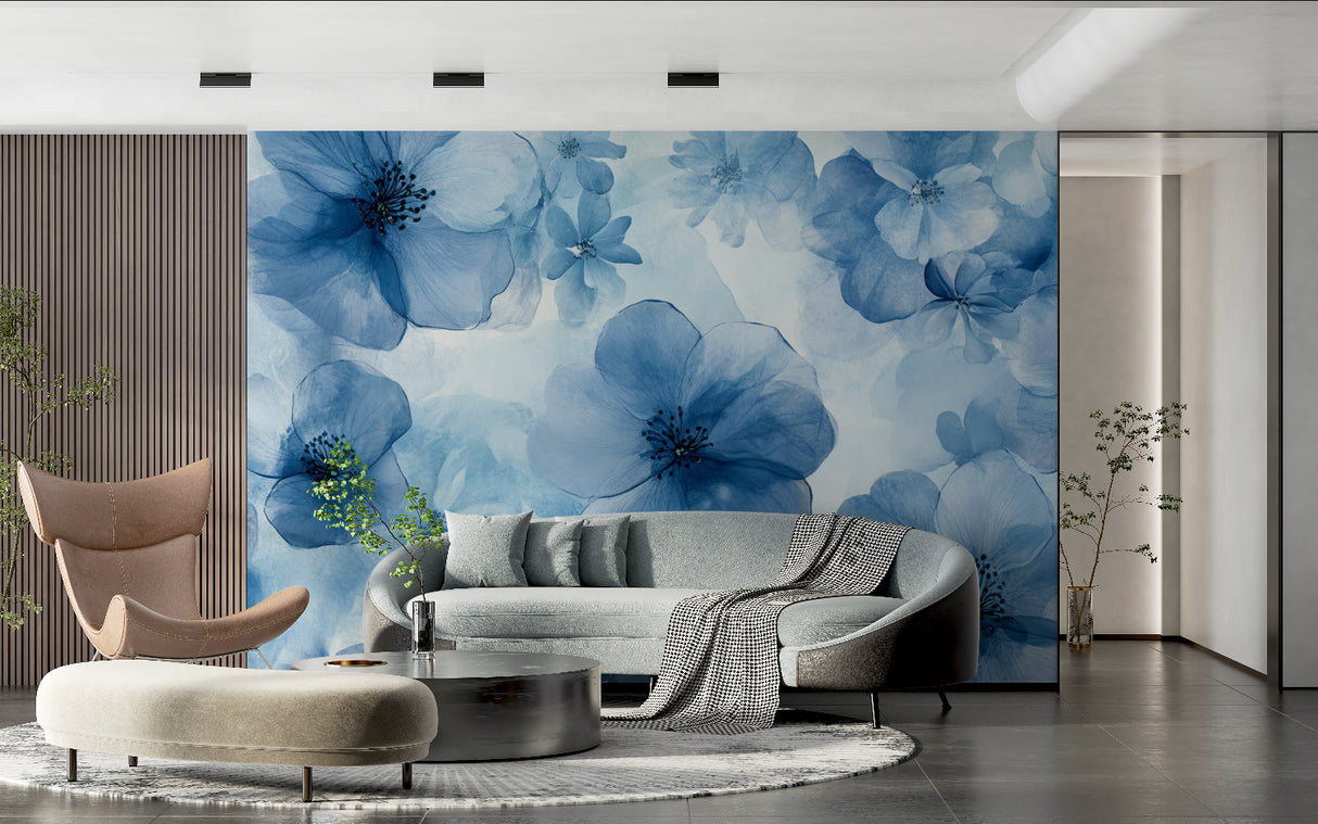 Home office featuring calming blue watercolor flower mural wallpaper