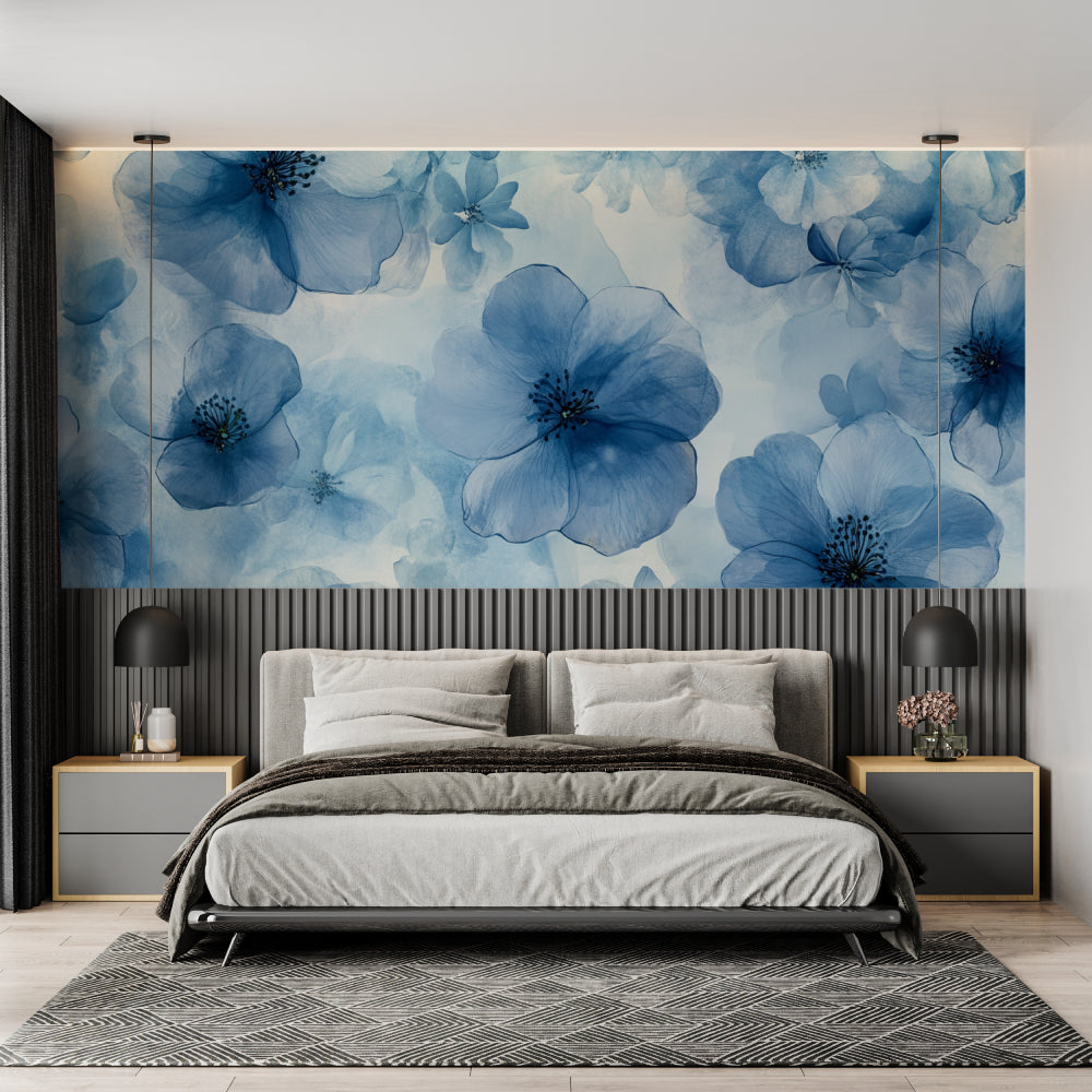 Master bathroom showcasing serene blue watercolor blossom wall mural