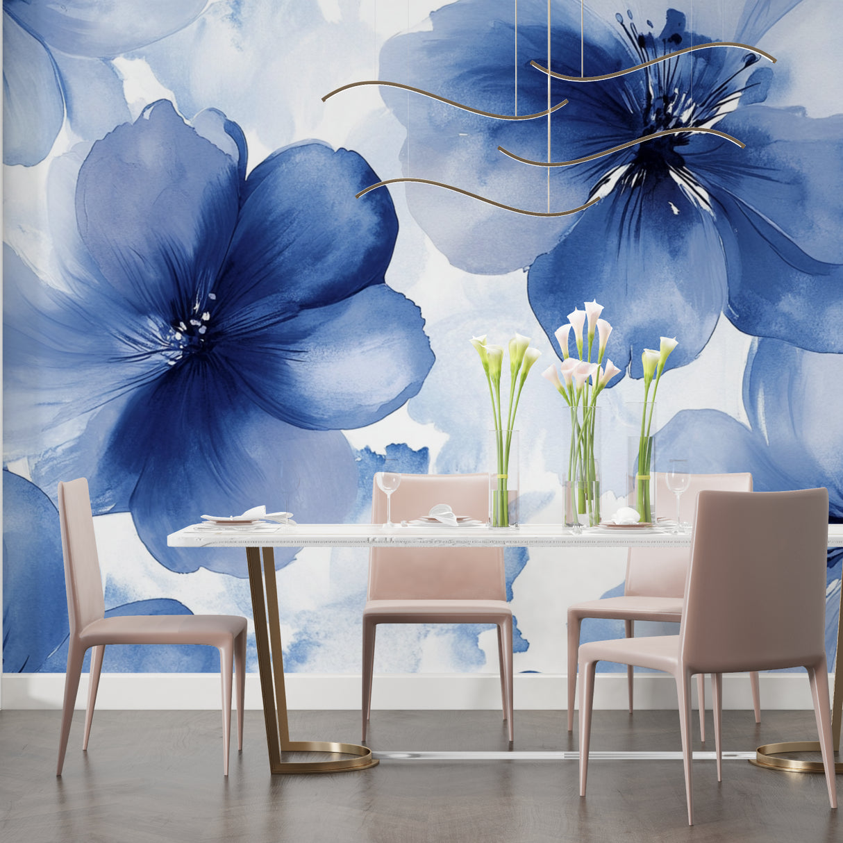 Blue and gold floral wallpaper mural in modern dining room with natural light