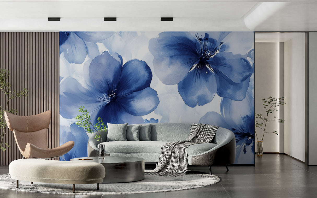 Watercolor flower wall mural in luxury master bedroom setting