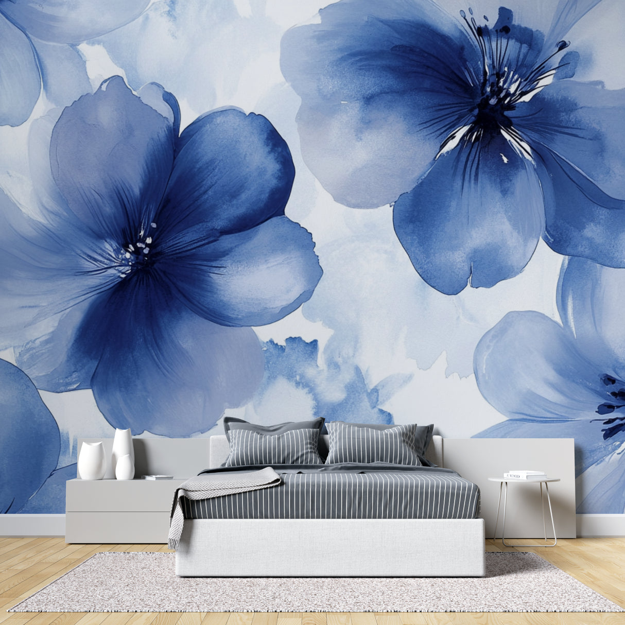 Blue floral mural wallpaper in cozy reading nook