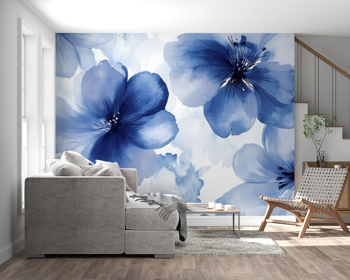 Navy blue watercolor floral mural in elegant entryway