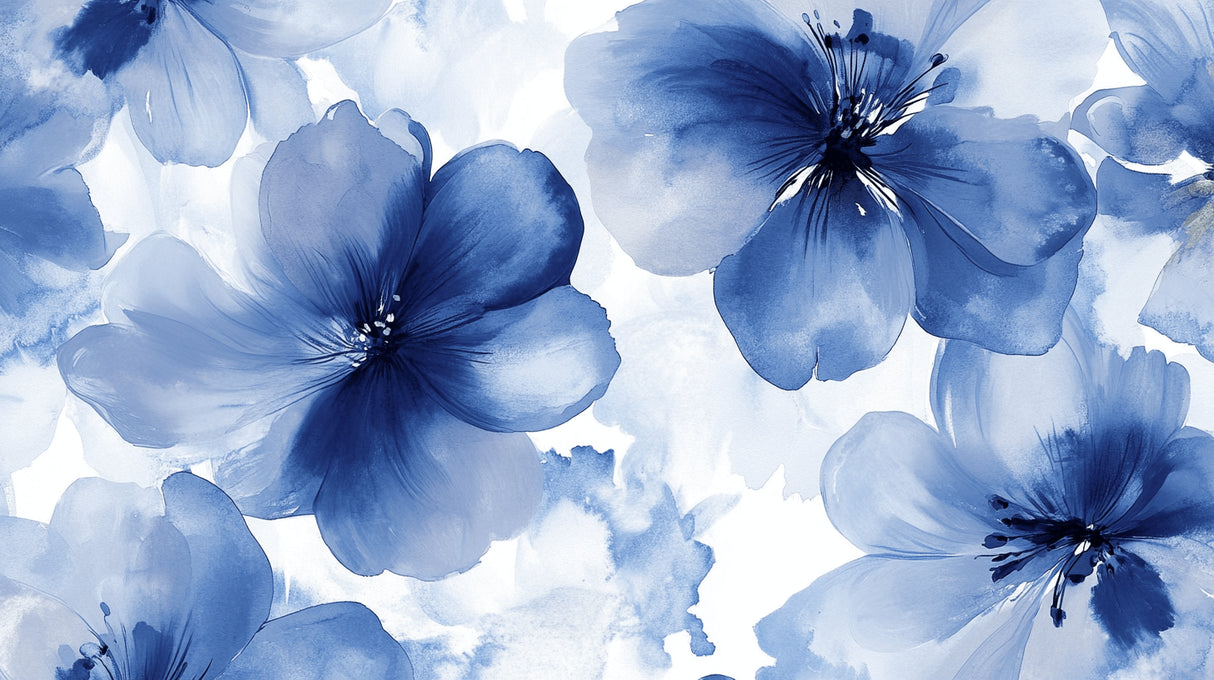 Watercolor floral wallpaper design file showing deep blue blooms and gold accents pattern