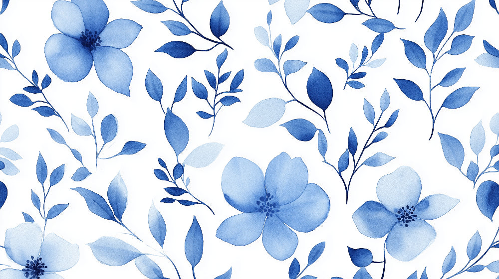 Blue watercolor floral wallpaper creating a peaceful atmosphere in a modern bedroom with natural light