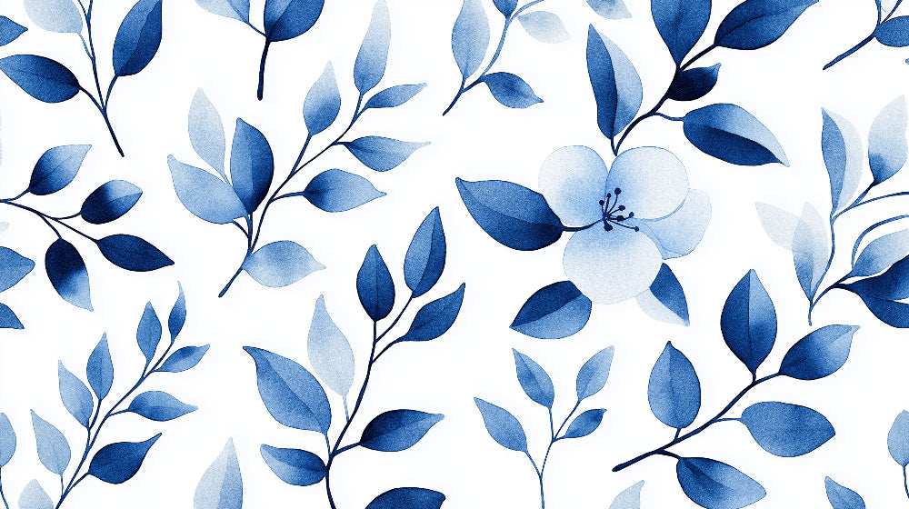 Blue watercolor leaves and blossoms design file showing intricate botanical pattern detail