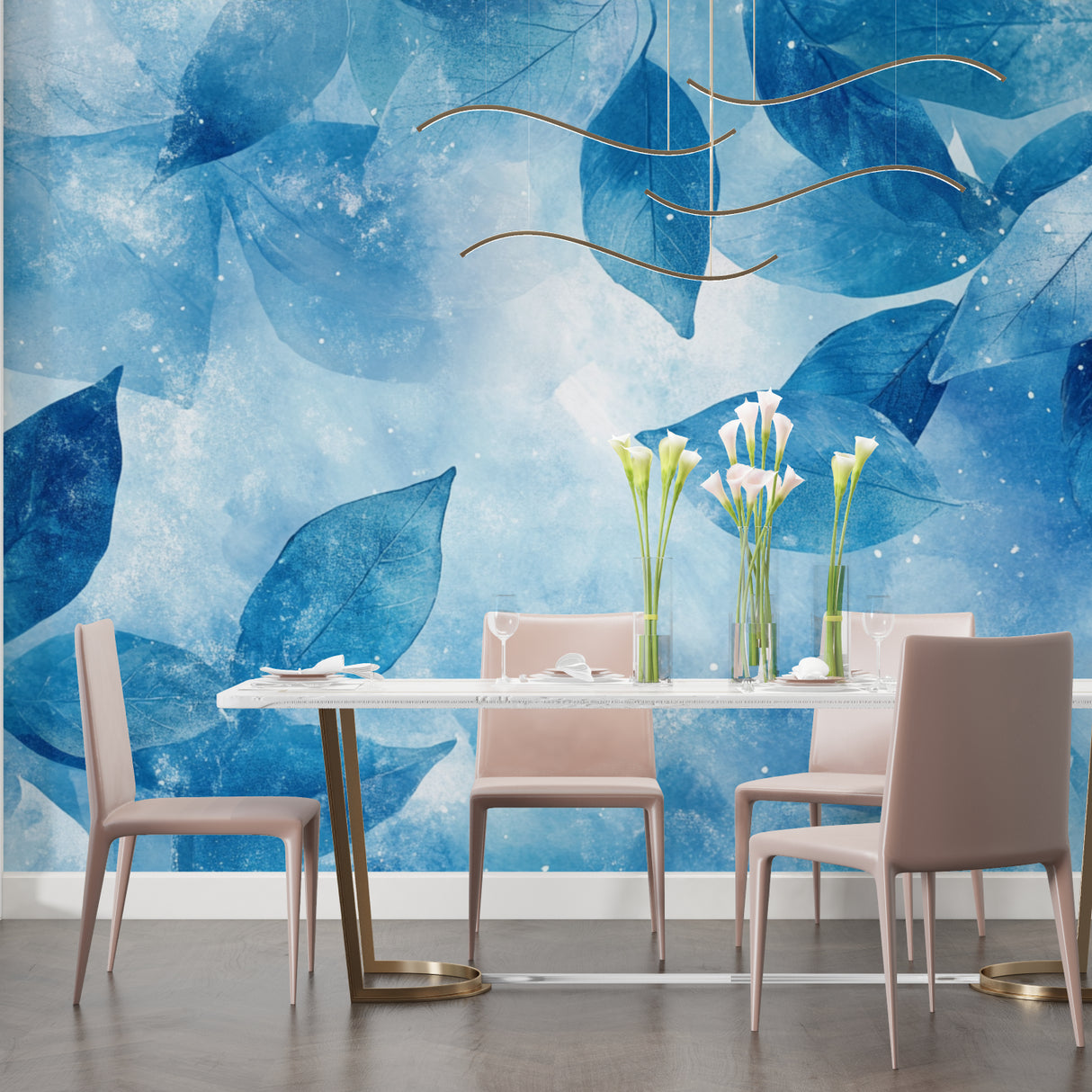 Blue watercolor leaf wallpaper creating a serene atmosphere in a modern living room setting