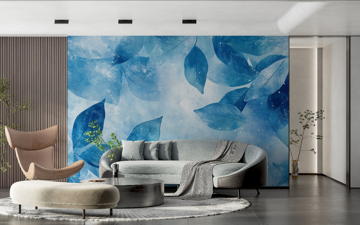 Modern blue leaf wallpaper adding depth to a minimalist dining room