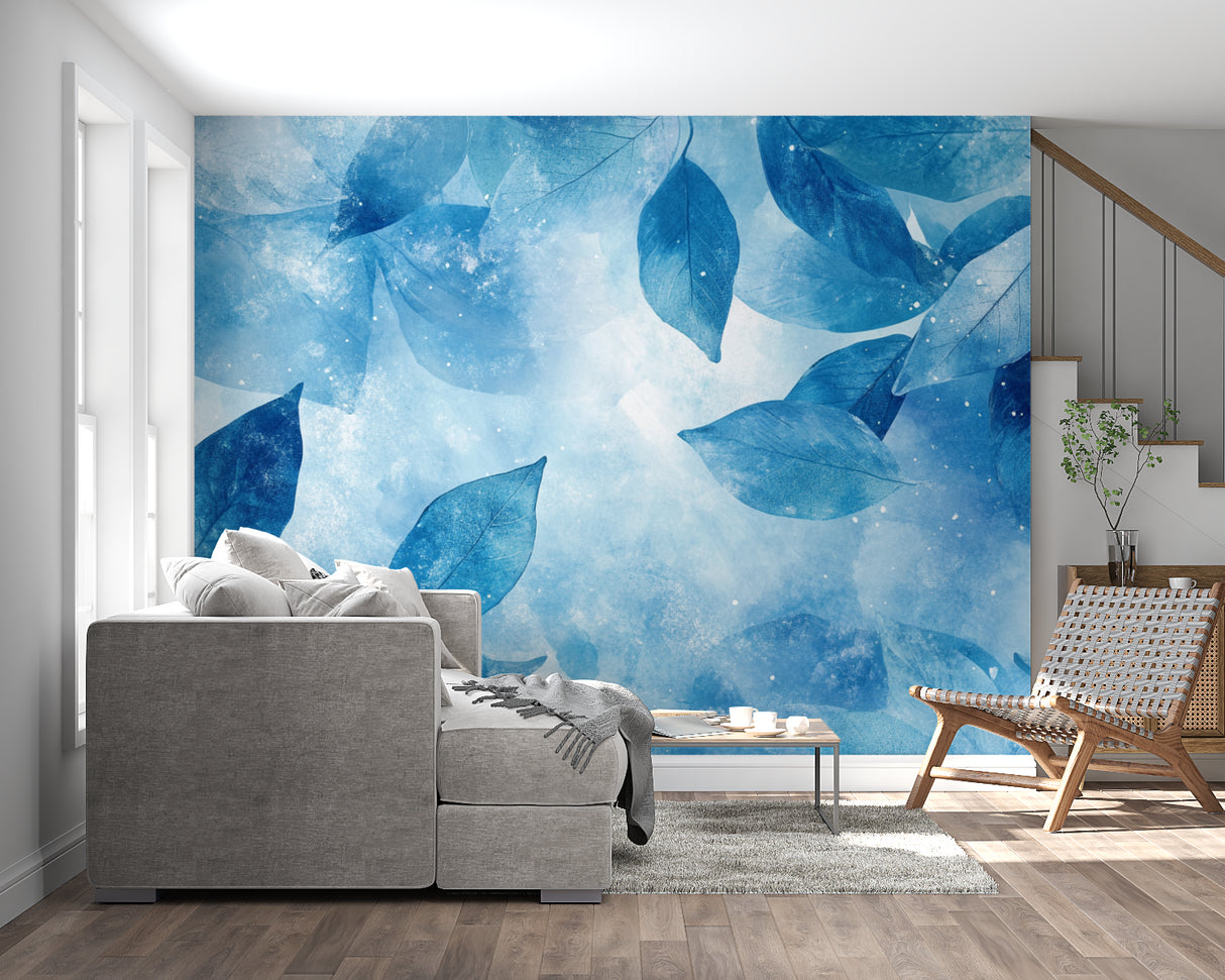 Artistic blue watercolor wallpaper making a statement in a home office