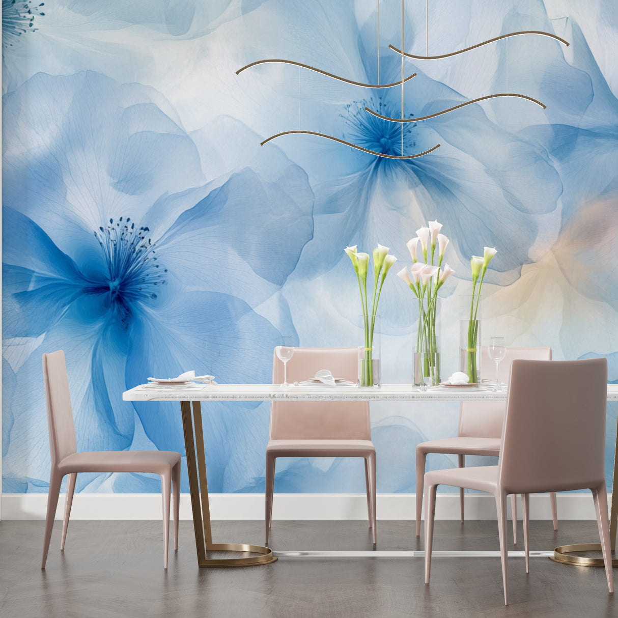 Blue floral wallpaper mural creating a serene atmosphere in a modern living room with natural light
