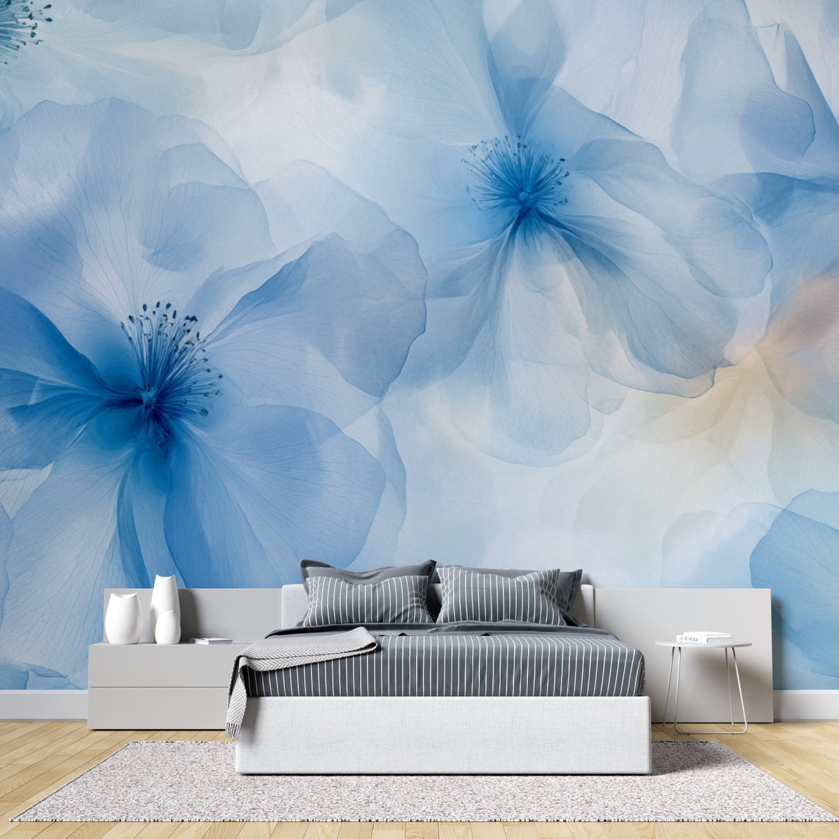 Watercolor blue flower mural adding depth to a bright master bedroom