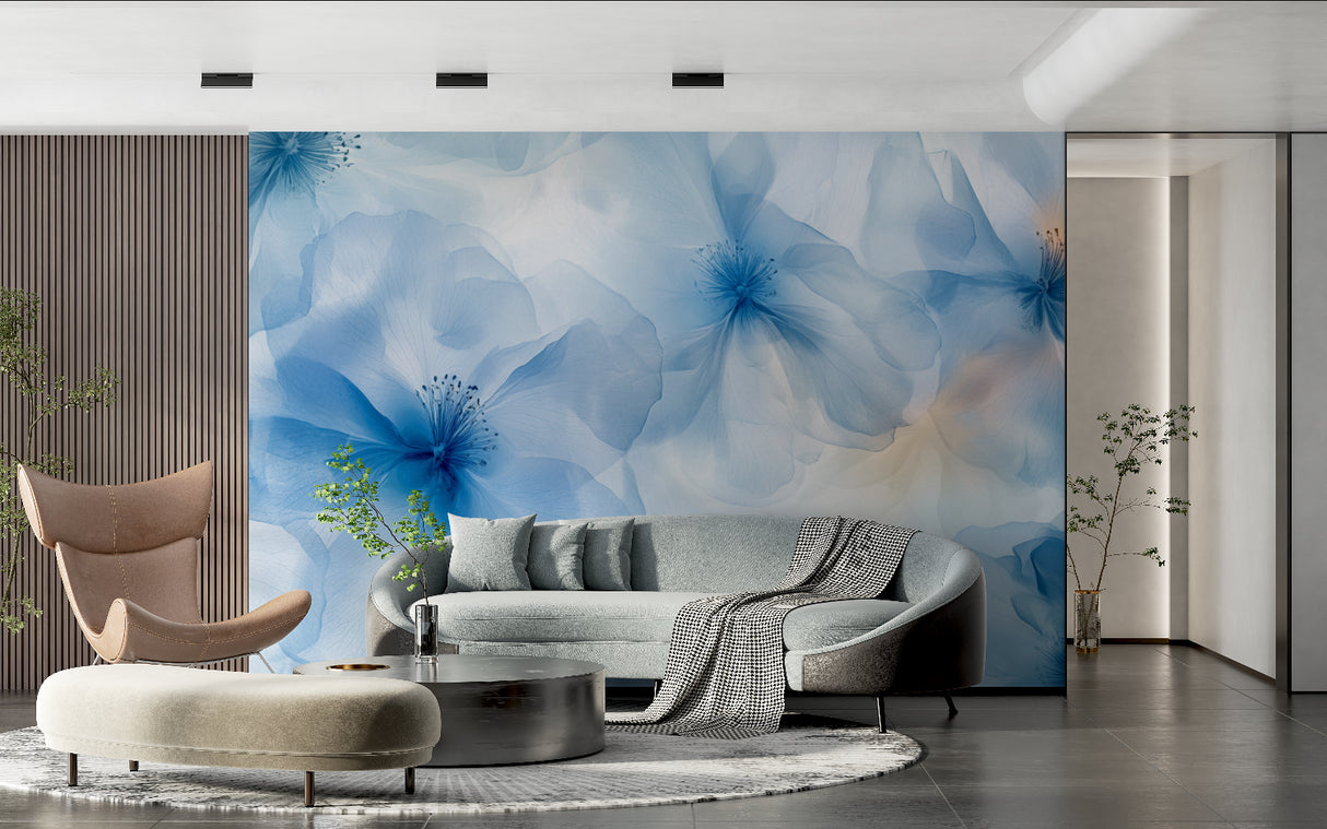 Blue botanical wallpaper transforming a dining room with elegant floral patterns