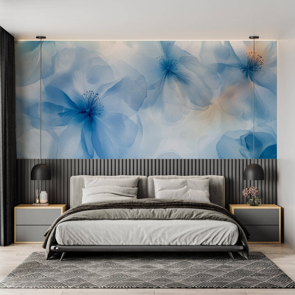 Floral wall mural in soft blue tones making a home office feel peaceful and inspiring