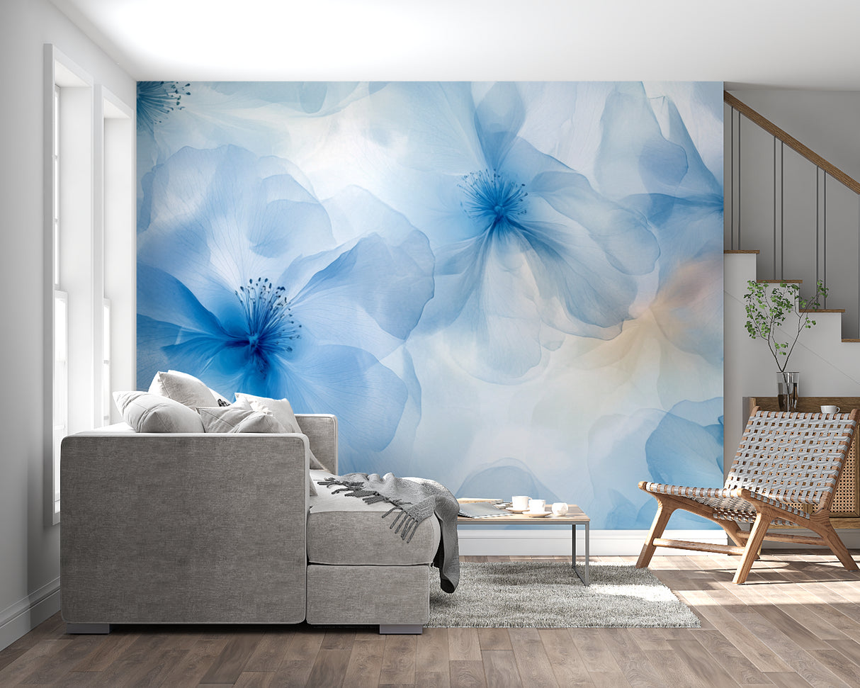 Blue watercolor petals mural creating a stunning feature wall in an entrance hallway