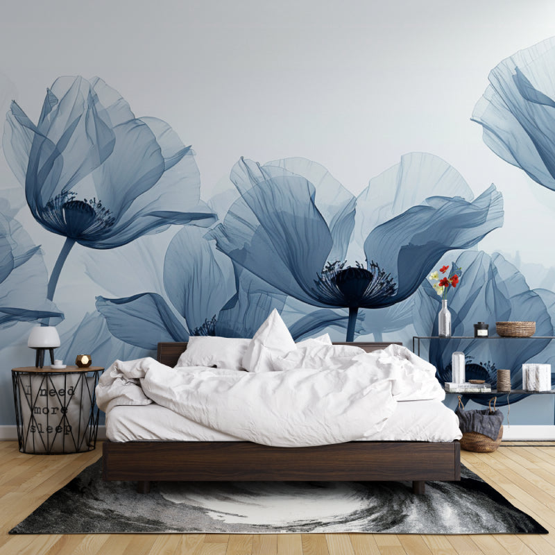 Master bedroom featuring blue floral wall mural above a white bed