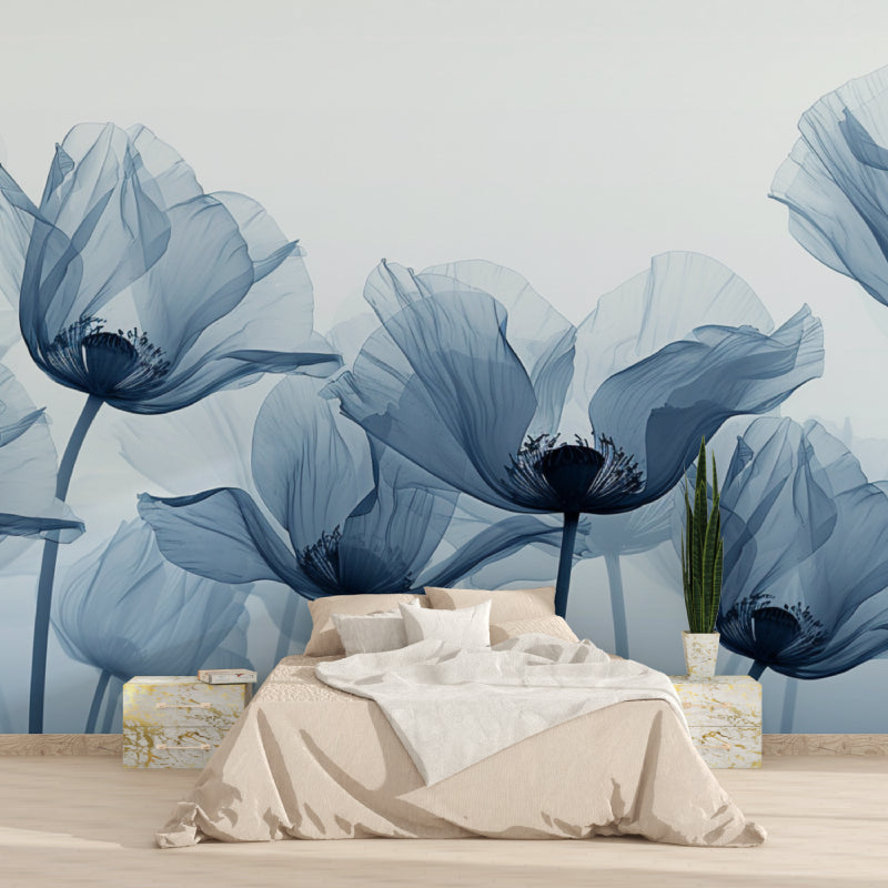Home office space with calming blue poppy wallpaper accent wall
