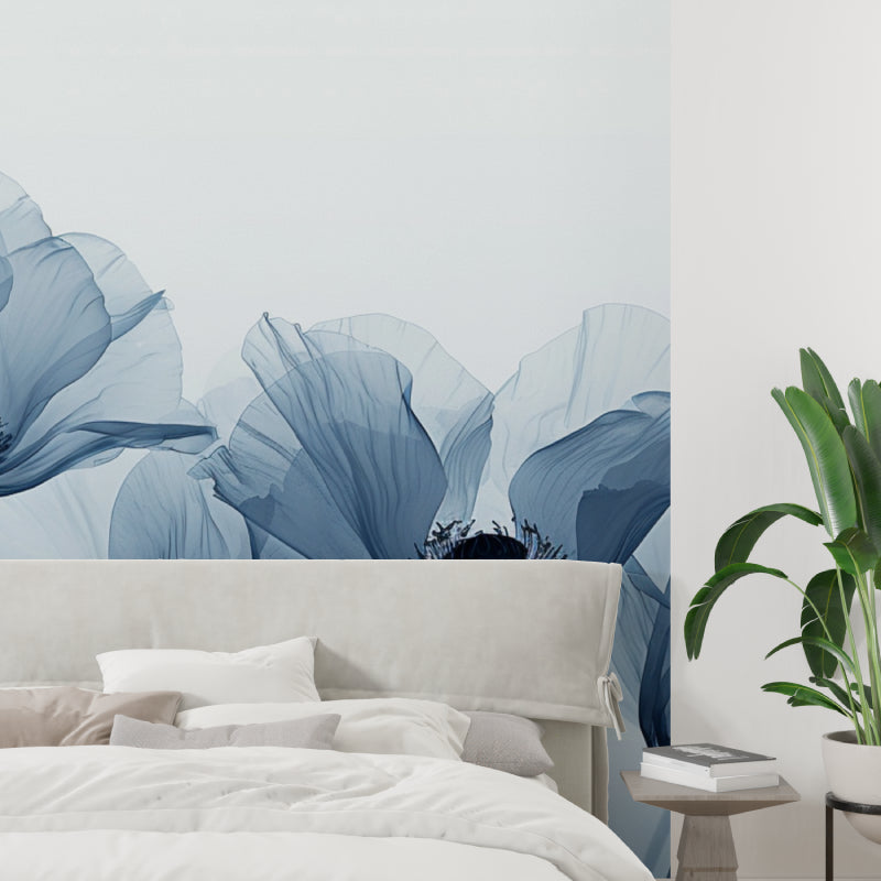 Dining room showcasing watercolor floral mural in soft blue tones