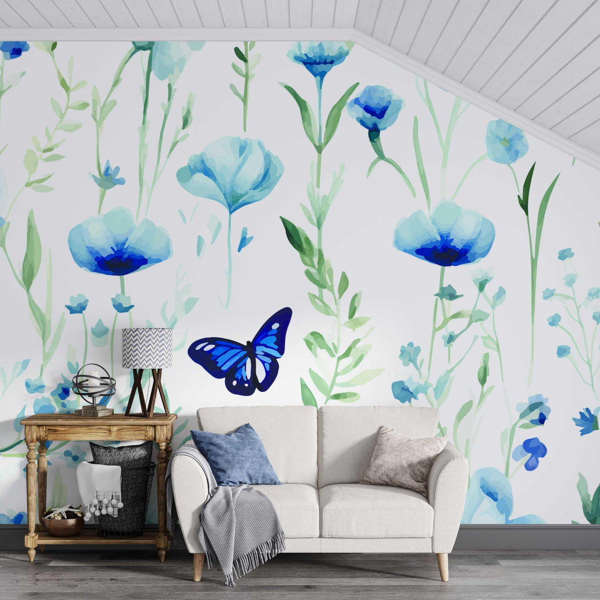 Blue watercolor poppy wallpaper creates a fresh garden feel in a bright modern living room with white furniture
