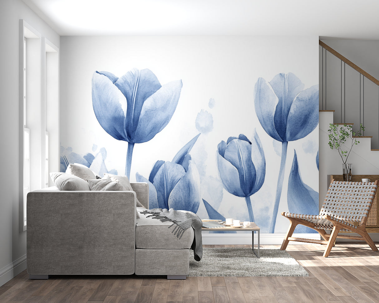Blue watercolor tulip wallpaper in bright modern living room with white furniture