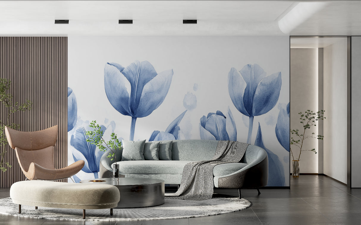 Master bedroom featuring blue tulip wallpaper mural with natural lighting
